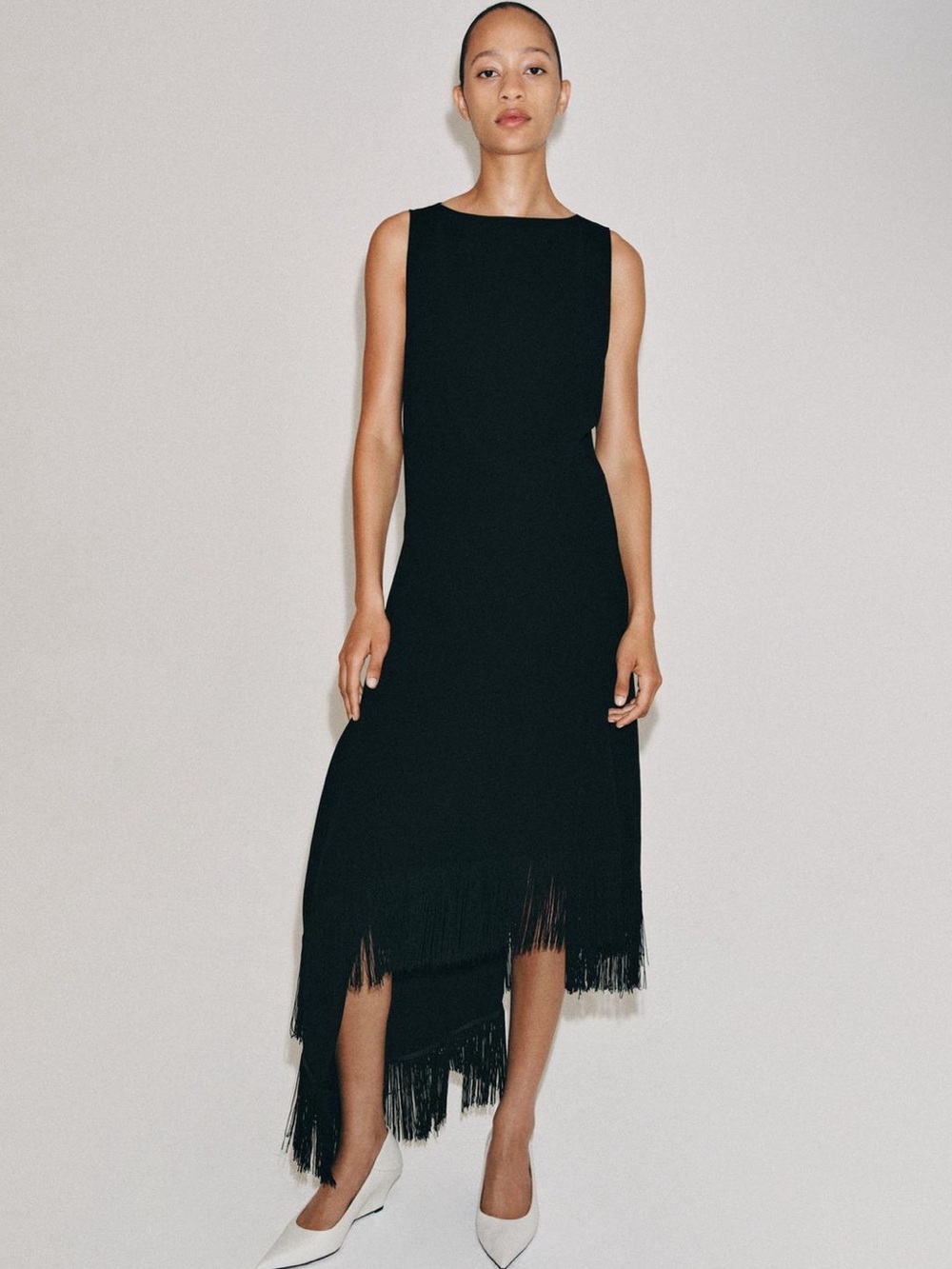 Zara Black Sleeveless Fringe Hem Midi Dress